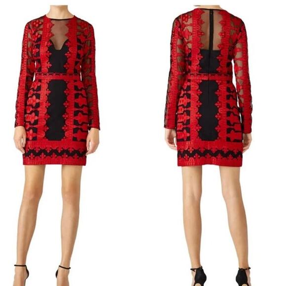 NICOLE MILLER Red Black Illusion Embroidered Mesh Long Sleeve Sheath Dress Size6 - Picture 2 of 11